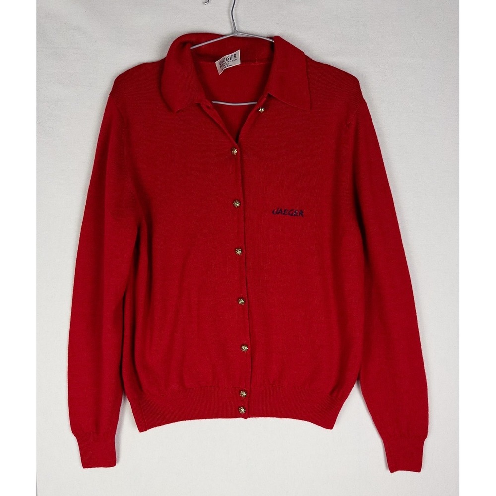 VTG Jaeger Lambswool Cardigan Womens L Red Gold Buttons Knit Casual